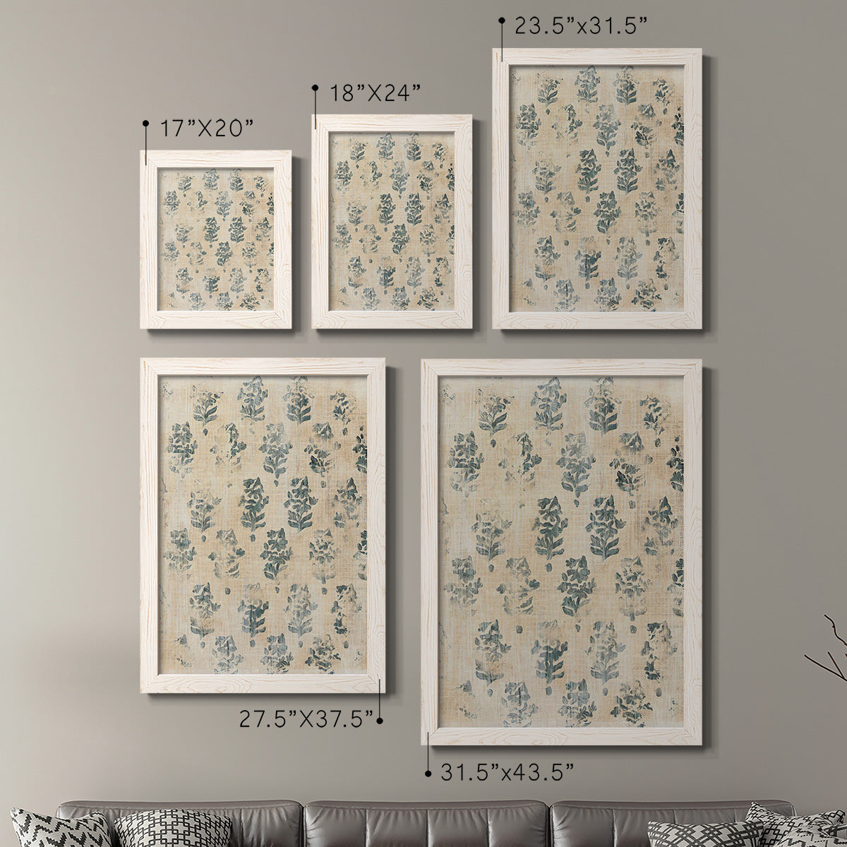 Size comparison chart for a set of two white barnwood framed canvas prints.