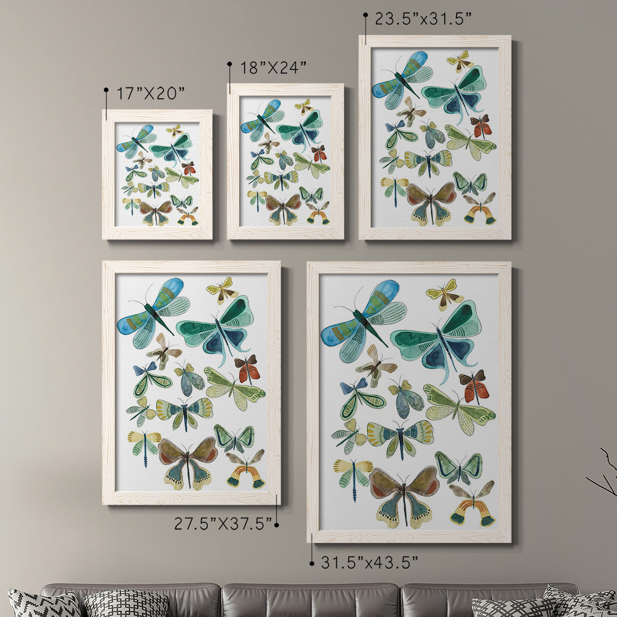 Size comparison chart for a set of two white barnwood framed canvas prints.
