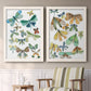 Set of two white barnwood framed canvas prints depicting two decorative insect illustrations featuring collections of moths and butterflies above a sideboard in a cozy sitting room.
