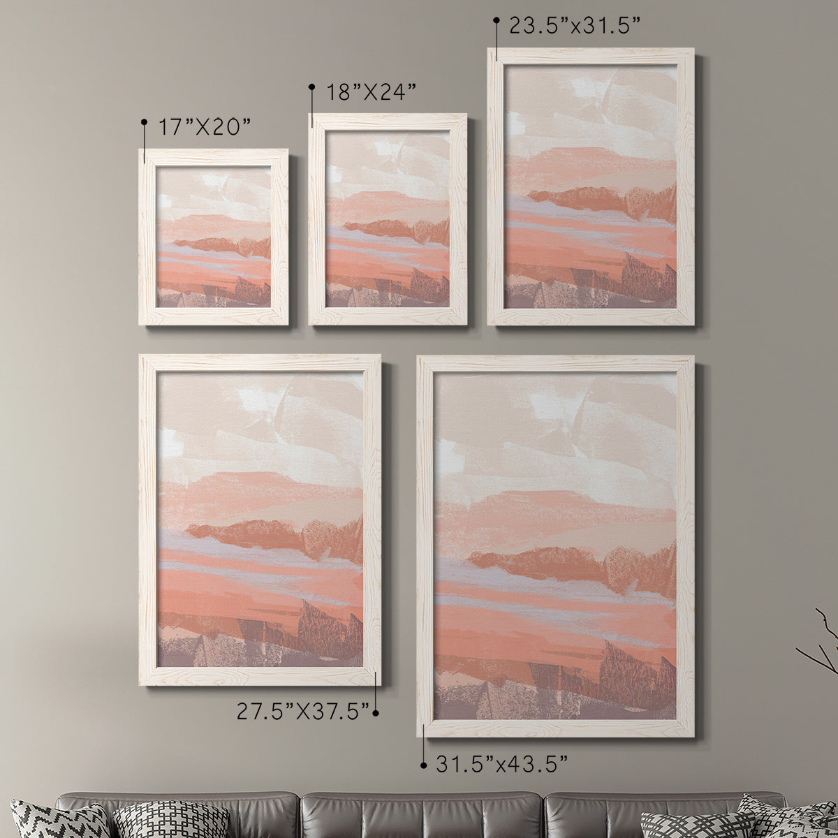 Size comparison chart for a set of two white barnwood framed canvas prints.