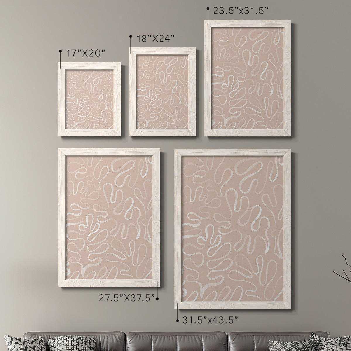 Size comparison chart for a set of two white barnwood framed canvas prints.