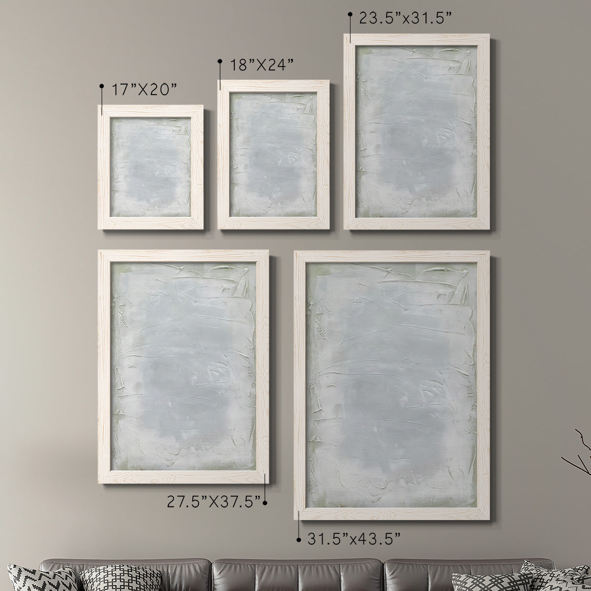 Size comparison chart for a set of two white barnwood framed canvas prints.