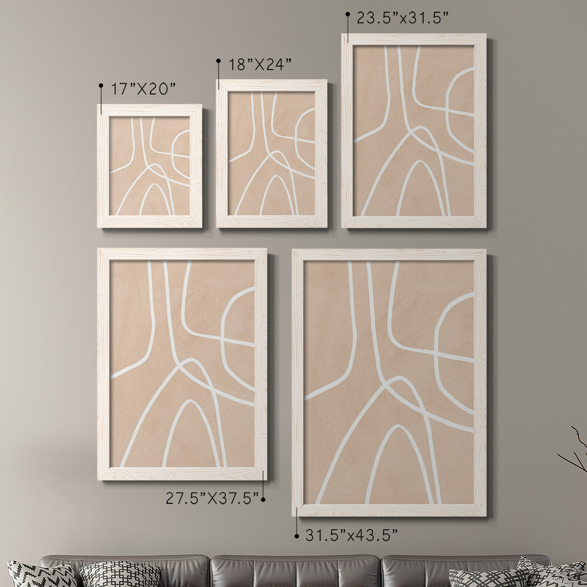 Size comparison chart for a set of two white barnwood framed canvas prints.