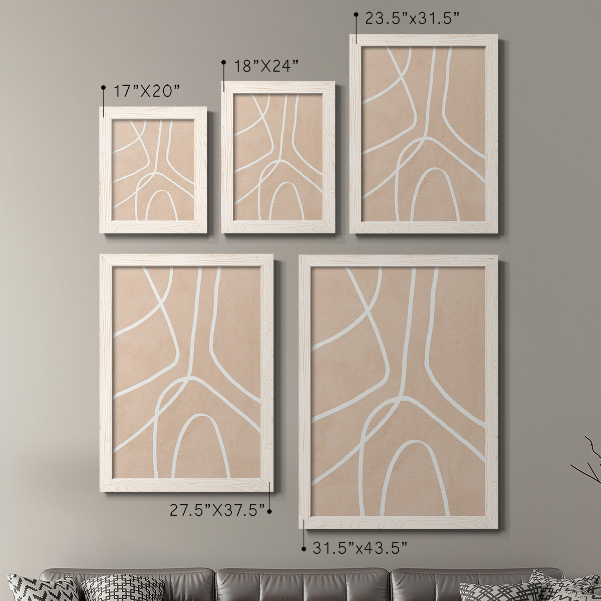 Size comparison chart for a set of two white barnwood framed canvas prints.