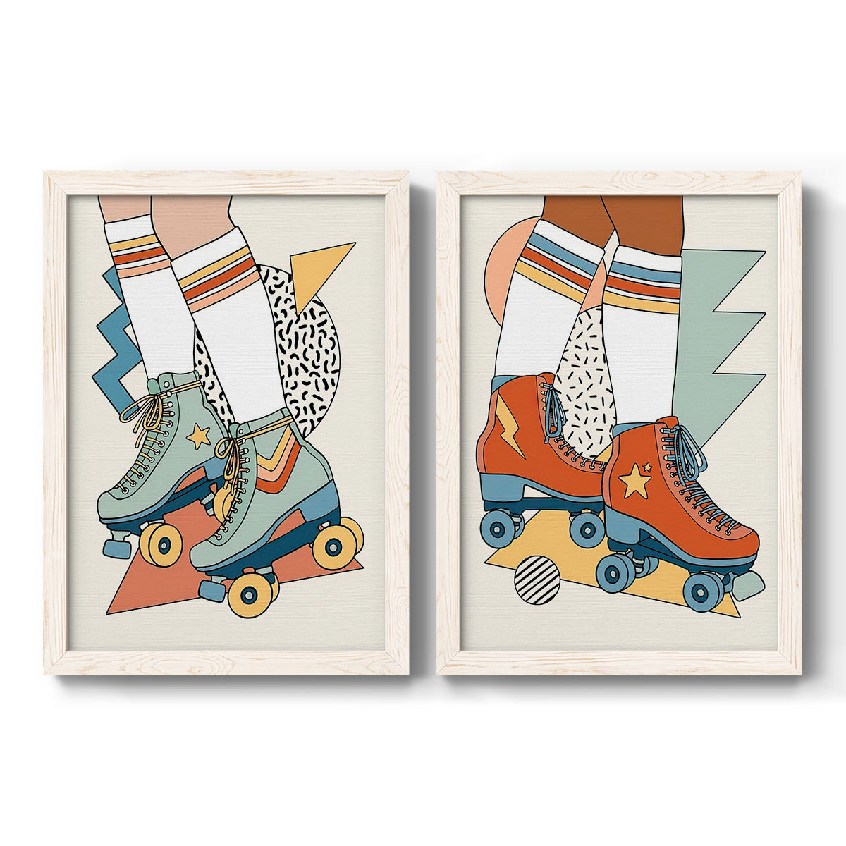 Set of two white barnwood framed canvas prints featuring two playful fashion illustrations featuring colorful retro roller skates and patterned socks.