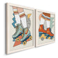 Angled view of a set of two white barnwood framed canvas prints featuring two playful fashion illustrations featuring colorful retro roller skates and patterned socks.