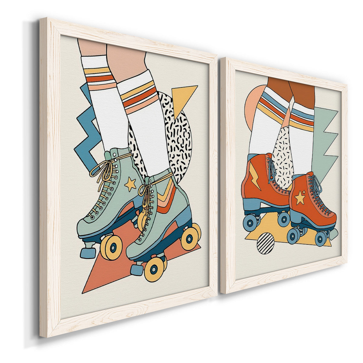 Angled view of a set of two white barnwood framed canvas prints featuring two playful fashion illustrations featuring colorful retro roller skates and patterned socks.