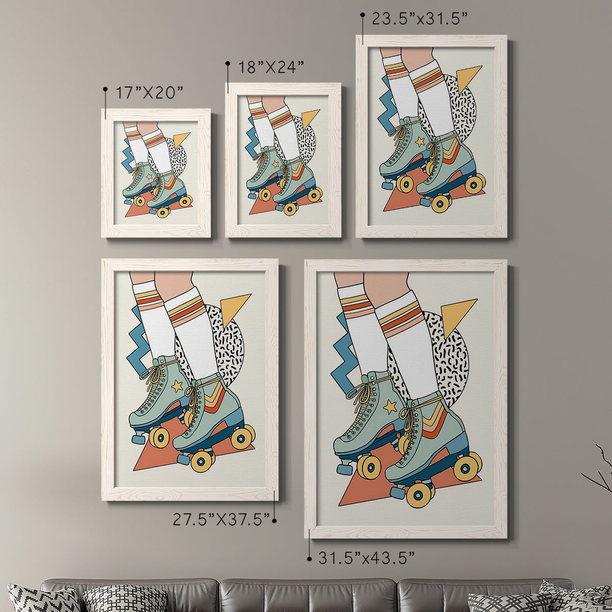 Size comparison chart for a set of two white barnwood framed canvas prints.
