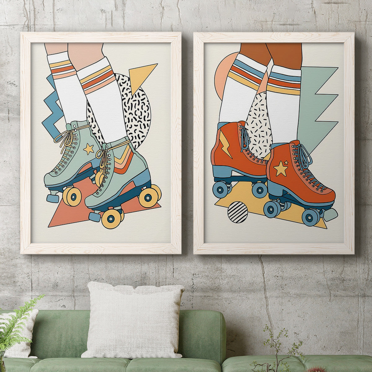 Set of two white barnwood framed canvas prints depicting a coordinated art pair of colorful retro roller skates and patterned socks rendered as playful fashion illustrations above a sofa in a modern living room.
