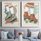 Set of two white barnwood framed canvas prints depicting paired playful fashion illustrations with orange teal and blue skates, star details, and graphic geometric accents above a sofa in a contemporary living room.