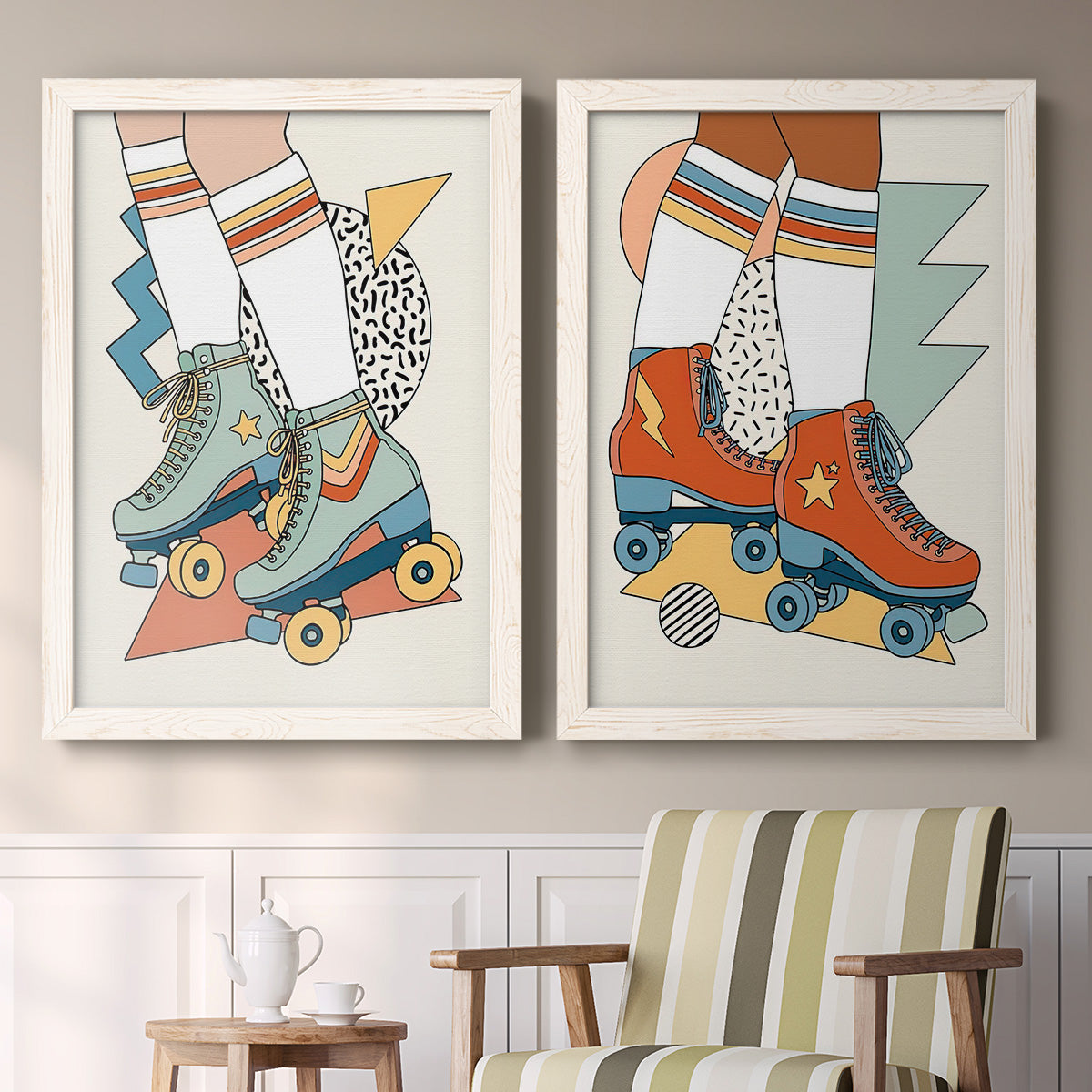 Set of two white barnwood framed canvas prints depicting two playful fashion illustrations featuring colorful retro roller skates and patterned socks above a sideboard in a cozy sitting room.