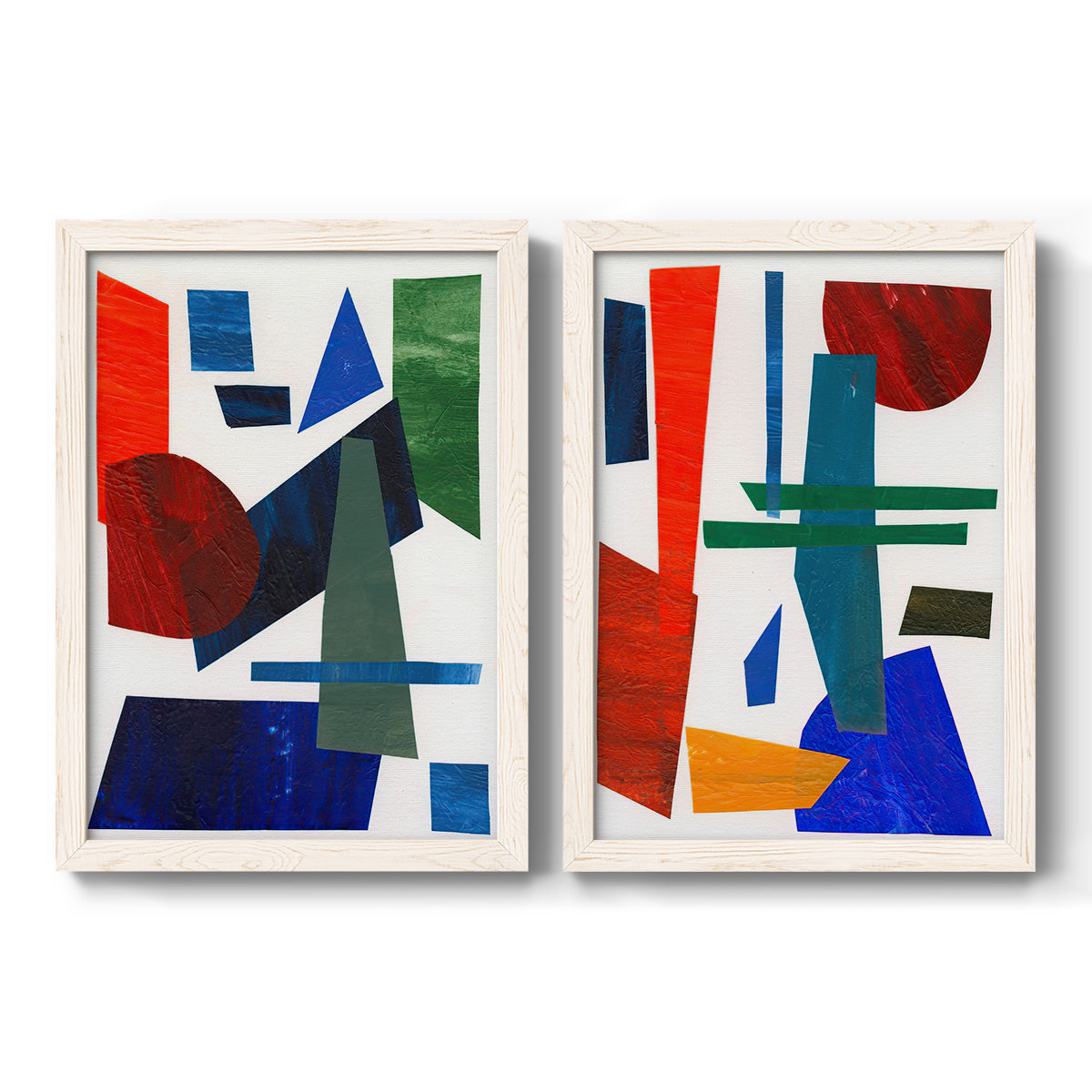 Set of two white barnwood framed canvas prints featuring two mid-century graphic abstracts featuring bold red blue green yellow and black geometric forms.