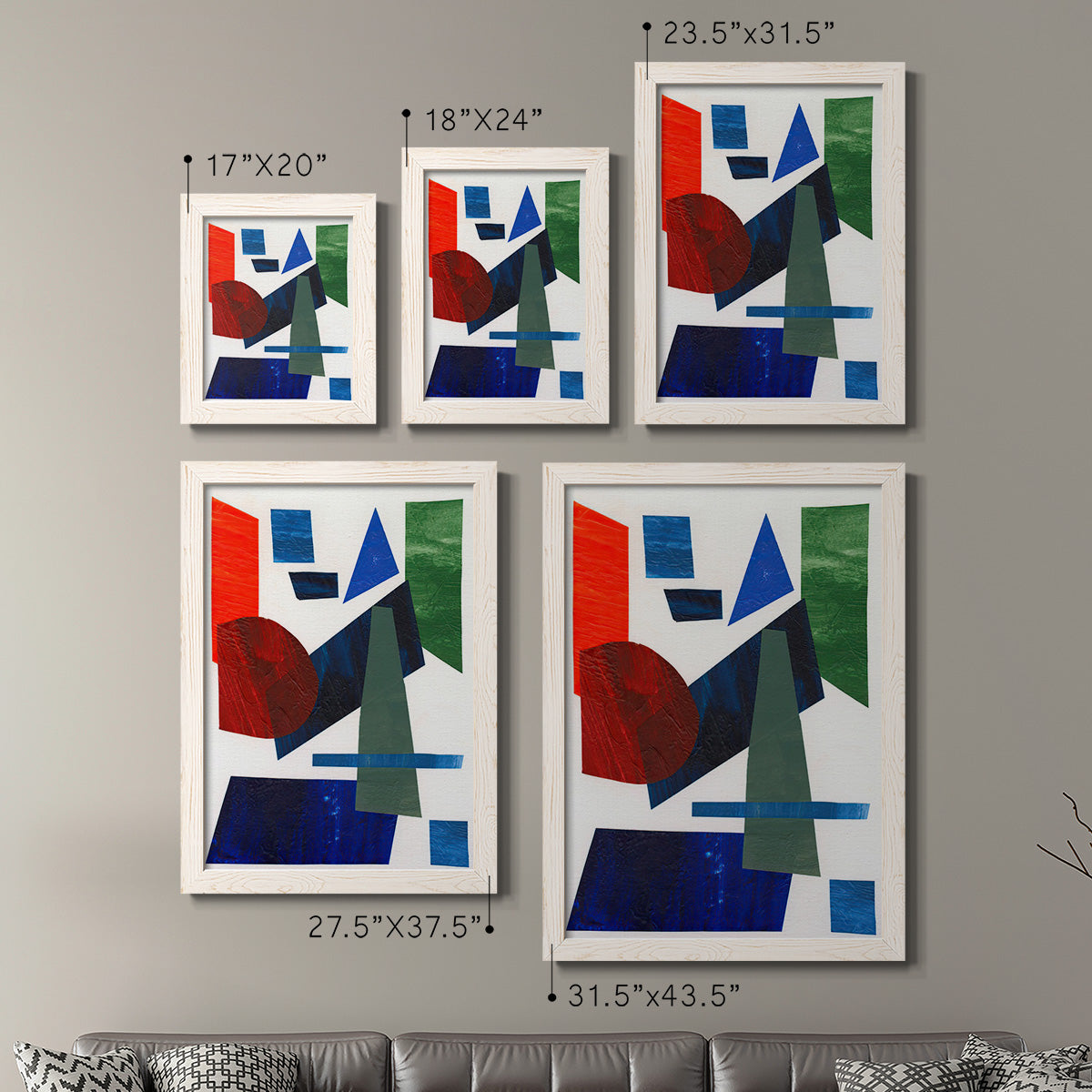 Size comparison chart for a set of two white barnwood framed canvas prints.