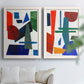 Set of two white barnwood framed canvas prints depicting flat rectangles arcs and angled bars on cream grounds arranged across two complementary compositions above a sofa in a bright living space.