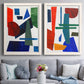 Set of two white barnwood framed canvas prints depicting paired mid-century graphic abstracts with flat rectangles arcs and angled bars on cream grounds above a sofa in a contemporary living room.