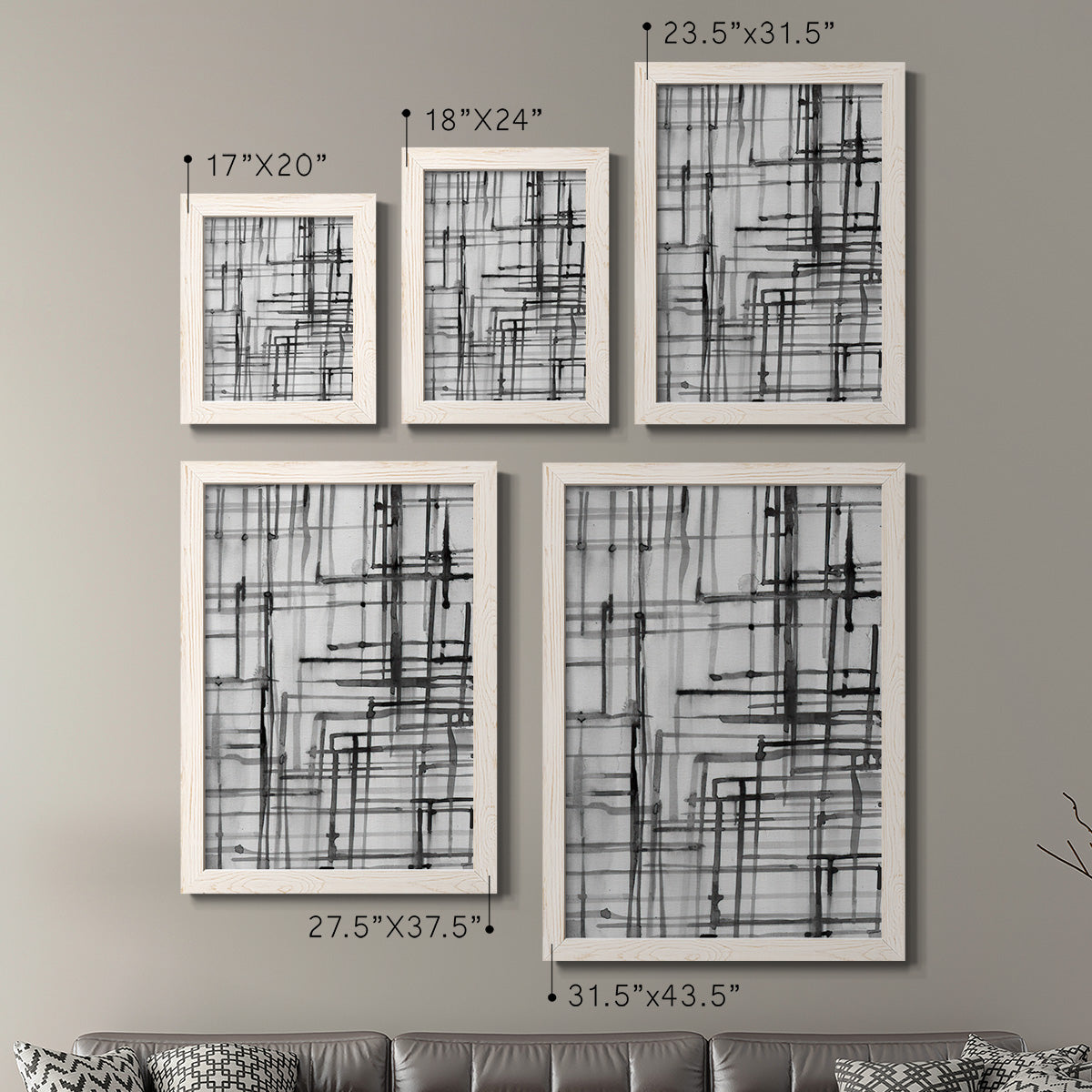Size comparison chart for a set of two white barnwood framed canvas prints.