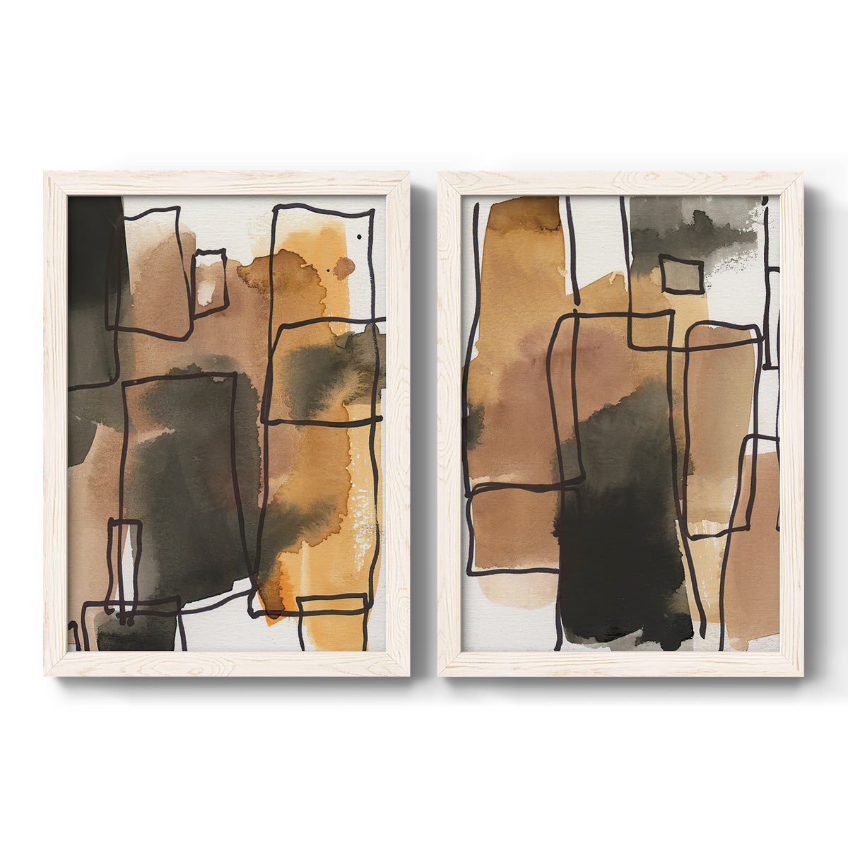Set of two white barnwood framed canvas prints featuring two retro geometric abstracts featuring earthy watercolor blocks crossed by black contour lines.
