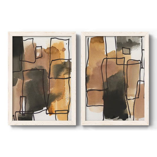 Set of two white barnwood framed canvas prints featuring two retro geometric abstracts featuring earthy watercolor blocks crossed by black contour lines.