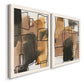 Angled view of a set of two white barnwood framed canvas prints featuring two retro geometric abstracts featuring earthy watercolor blocks crossed by black contour lines.