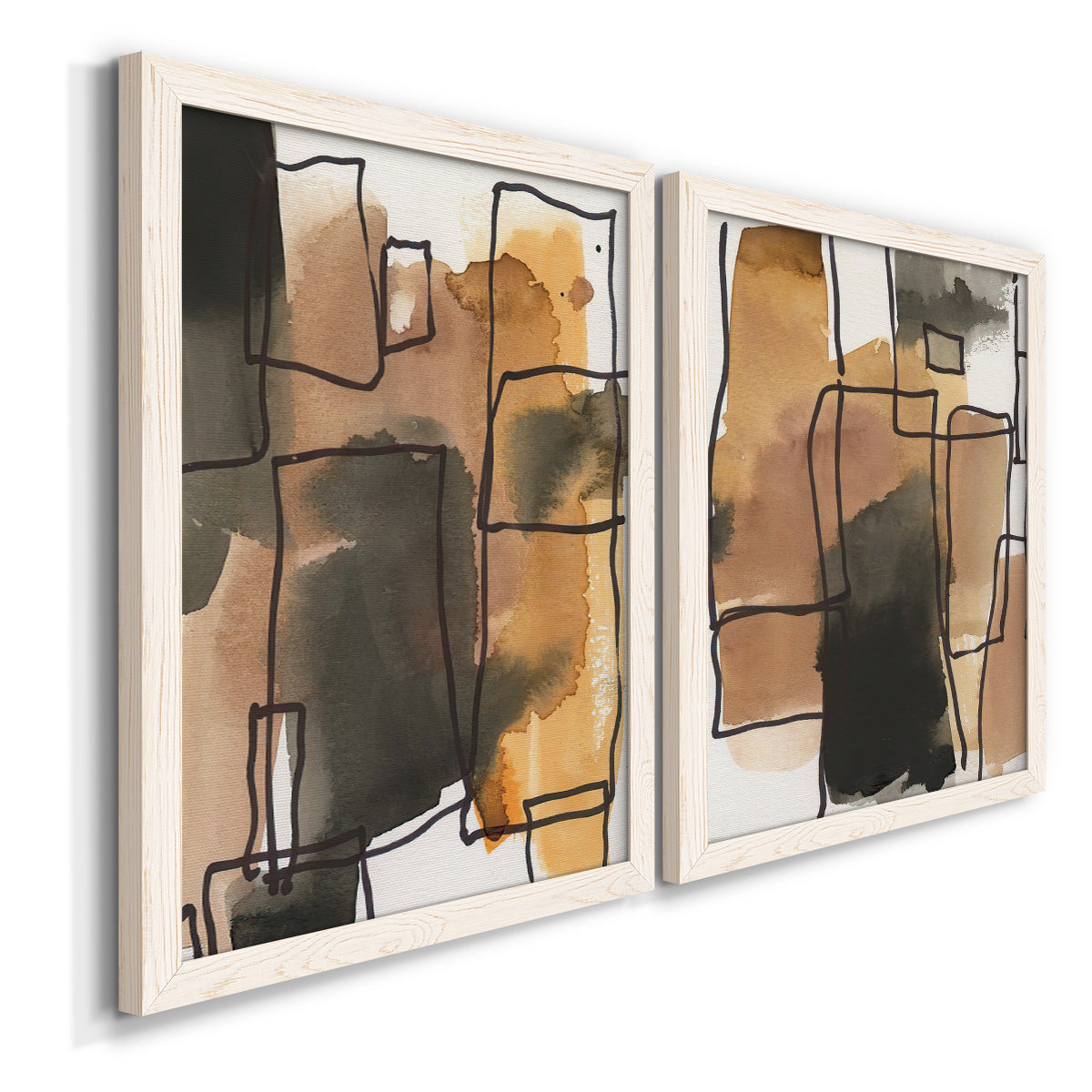 Angled view of a set of two white barnwood framed canvas prints featuring two retro geometric abstracts featuring earthy watercolor blocks crossed by black contour lines.