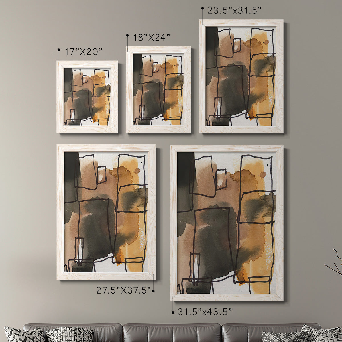 Size comparison chart for a set of two white barnwood framed canvas prints.