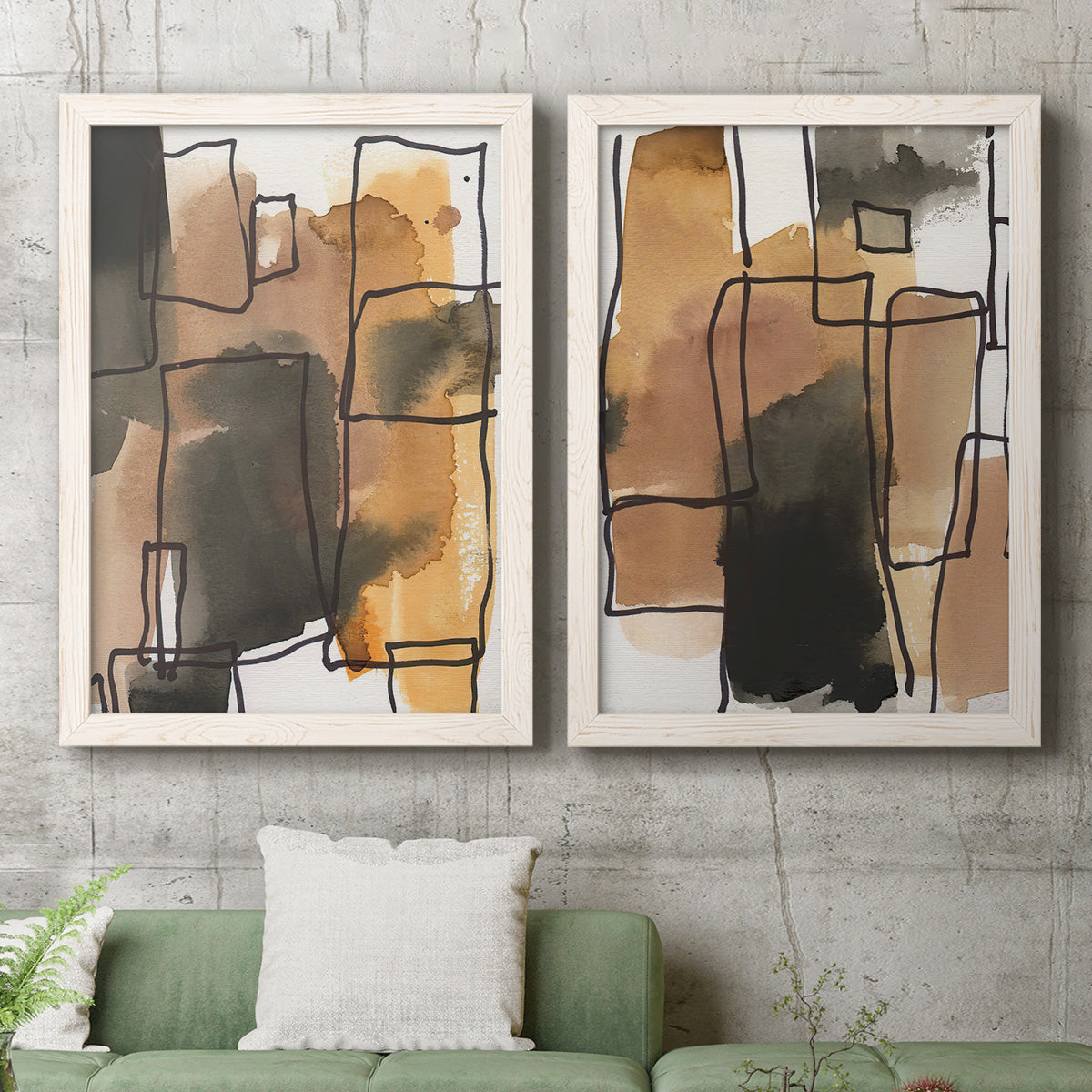 Set of two white barnwood framed canvas prints depicting a coordinated art pair of earthy watercolor blocks crossed by black contour lines rendered as retro geometric abstracts above a sofa in a modern living room.