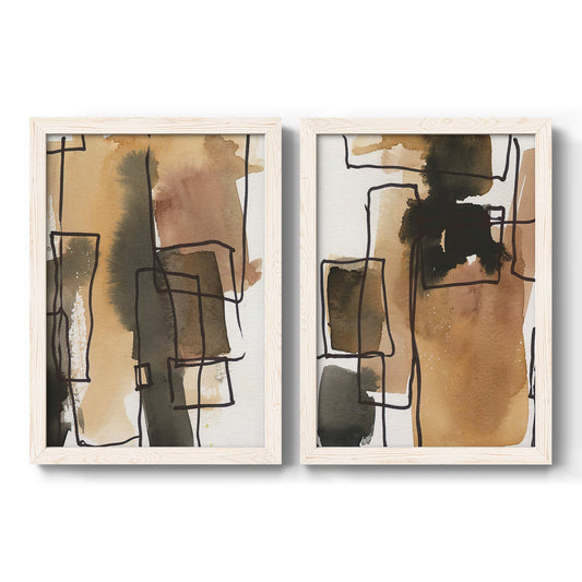 Set of two white barnwood framed canvas prints featuring two retro geometric abstracts featuring earthy watercolor blocks crossed by black contour lines.