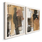 Angled view of a set of two white barnwood framed canvas prints featuring two retro geometric abstracts featuring earthy watercolor blocks crossed by black contour lines.
