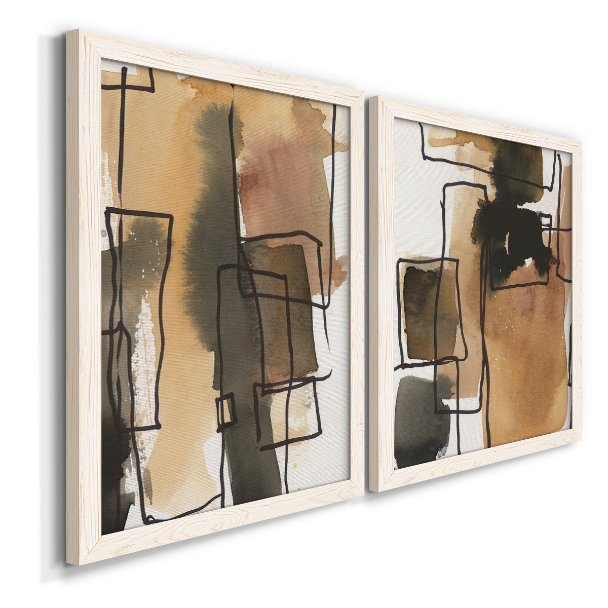 Angled view of a set of two white barnwood framed canvas prints featuring two retro geometric abstracts featuring earthy watercolor blocks crossed by black contour lines.
