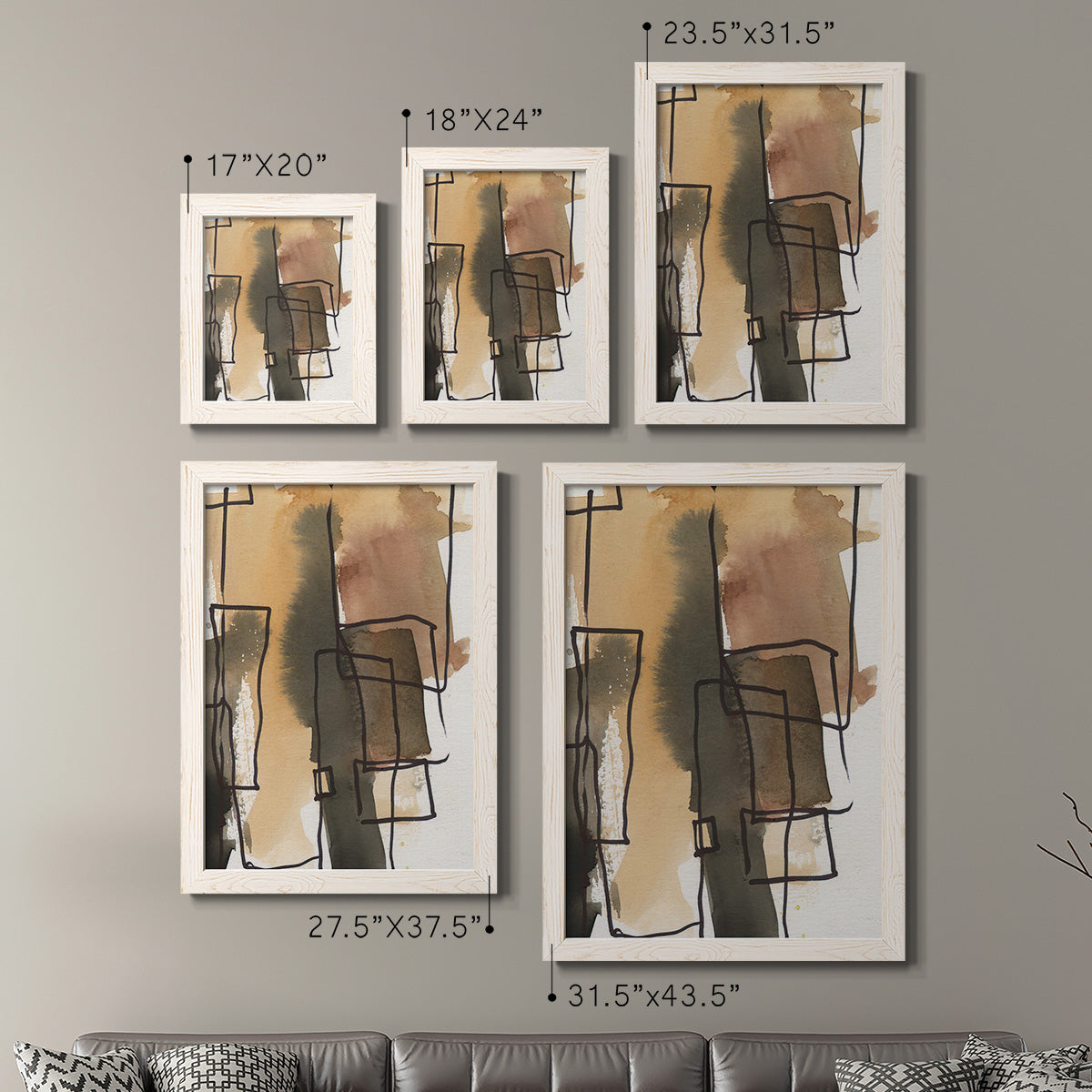 Size comparison chart for a set of two white barnwood framed canvas prints.
