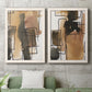 Set of two white barnwood framed canvas prints depicting a coordinated art pair of earthy watercolor blocks crossed by black contour lines rendered as retro geometric abstracts above a sofa in a modern living room.