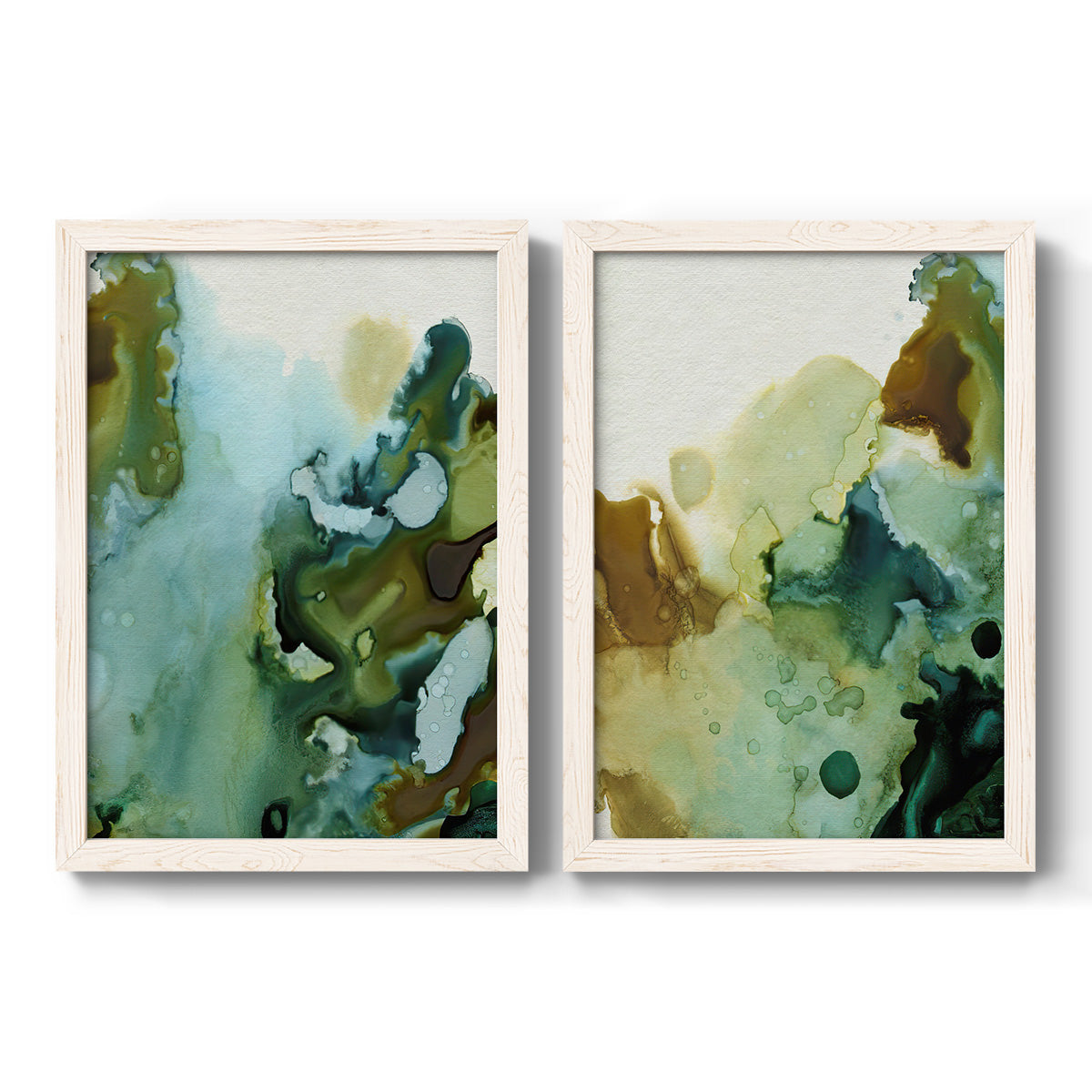 Set of two white barnwood framed canvas prints featuring two organic watercolor abstracts featuring fluid green blue and earthy brown ink pools.