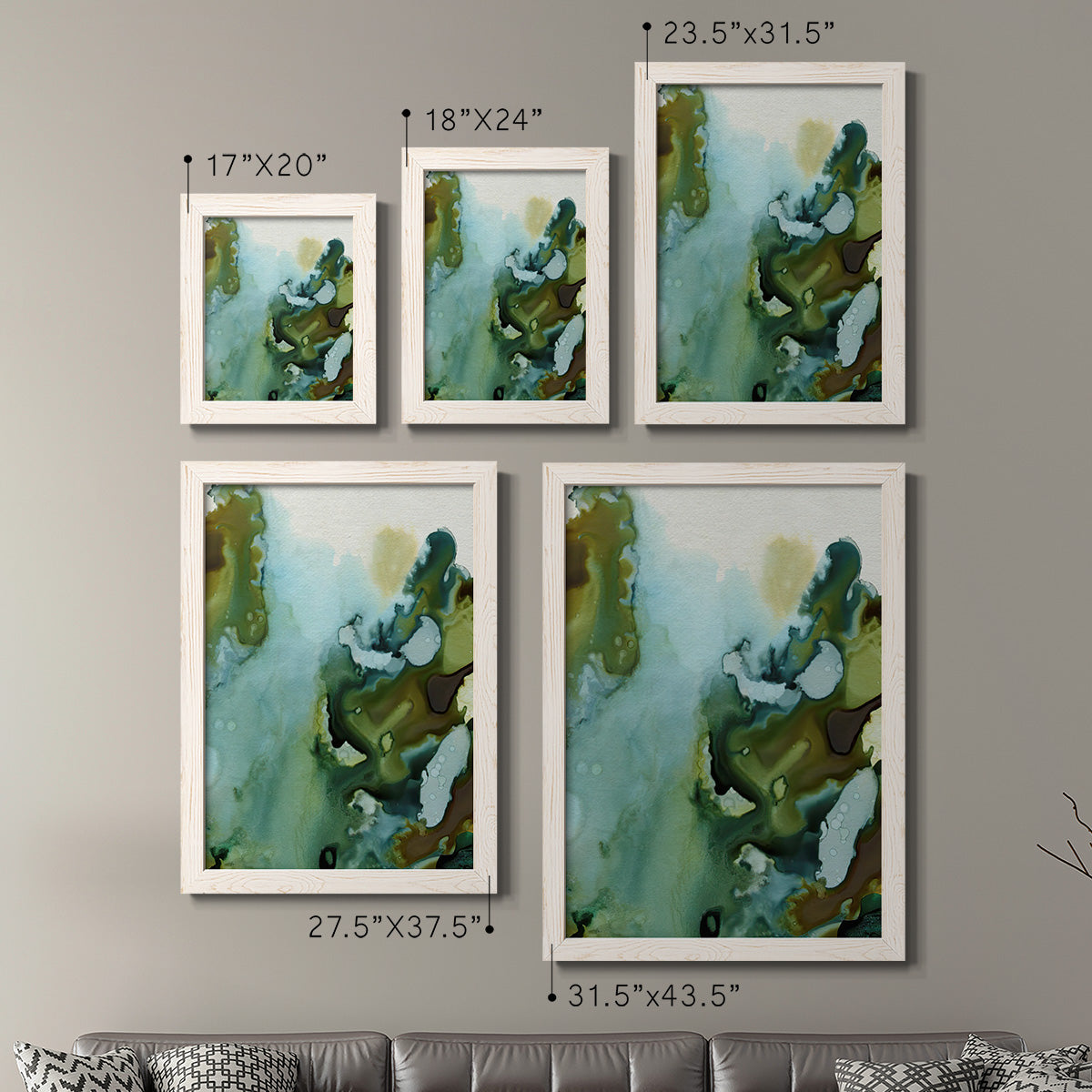 Size comparison chart for a set of two white barnwood framed canvas prints.