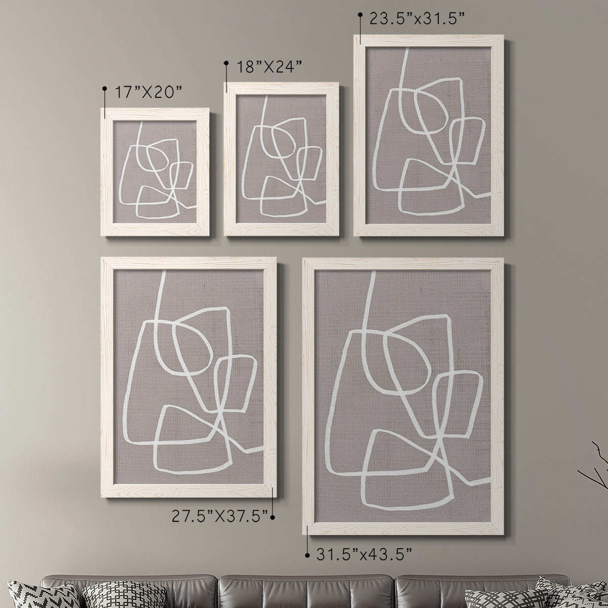 Size comparison chart for a set of two white barnwood framed canvas prints.