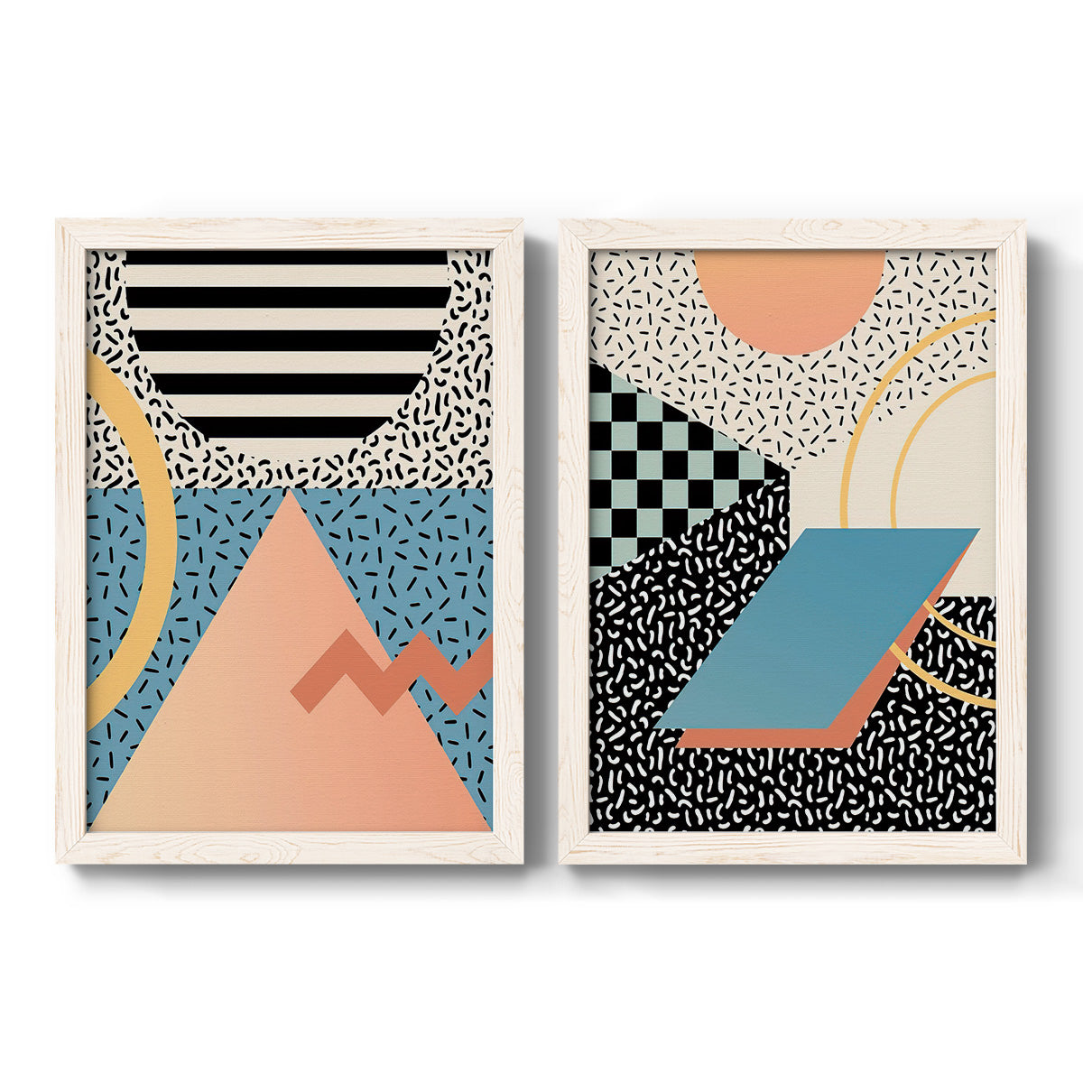 Set of two white barnwood framed canvas prints featuring two retro graphic abstracts featuring bold geometric Memphis-style patterns.