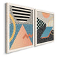 Angled view of a set of two white barnwood framed canvas prints featuring two retro graphic abstracts featuring bold geometric Memphis-style patterns.