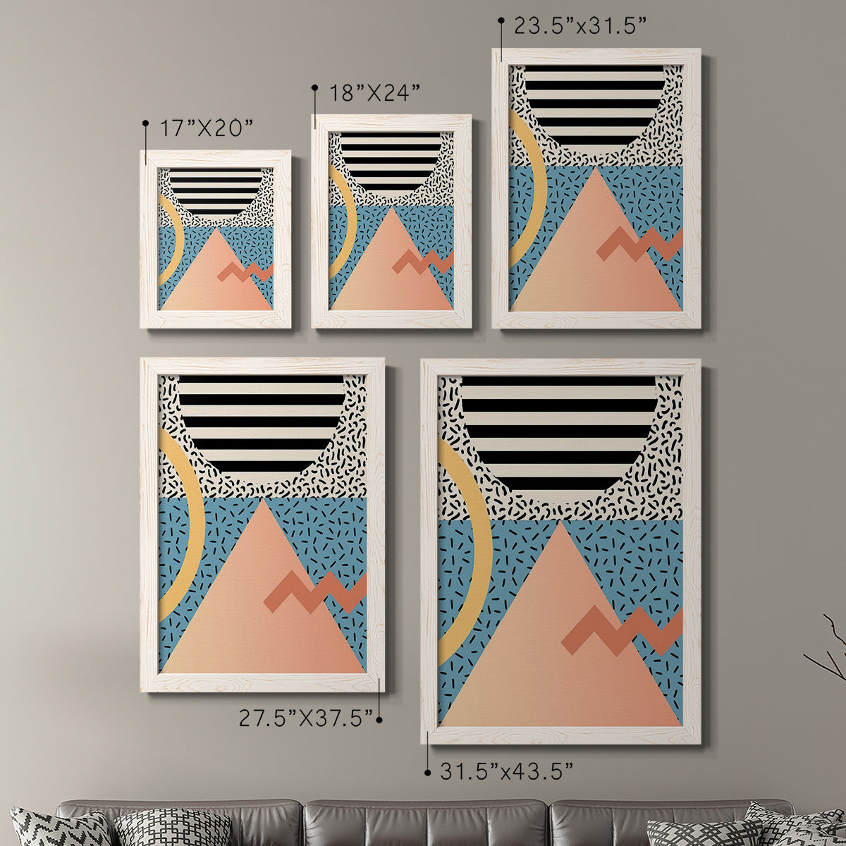 Size comparison chart for a set of two white barnwood framed canvas prints.