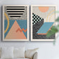 Set of two white barnwood framed canvas prints depicting checkerboards stripes squiggles peach blue black and mint shapes arranged across two complementary compositions above a sofa in a bright living space.