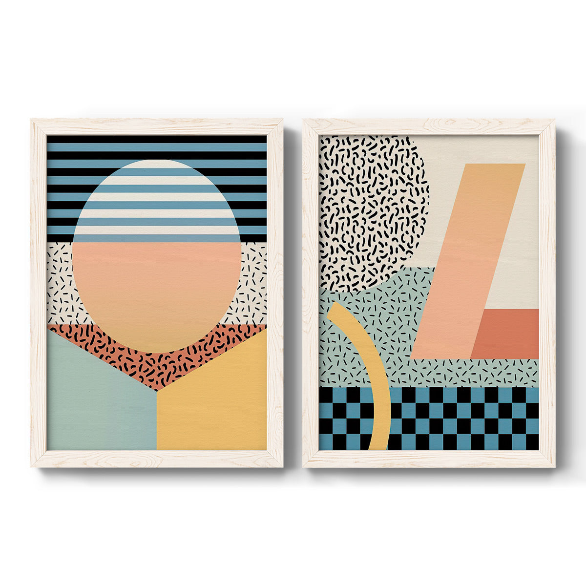 Set of two white barnwood framed canvas prints featuring two retro graphic abstracts featuring bold geometric Memphis-style patterns.