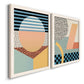 Angled view of a set of two white barnwood framed canvas prints featuring two retro graphic abstracts featuring bold geometric Memphis-style patterns.