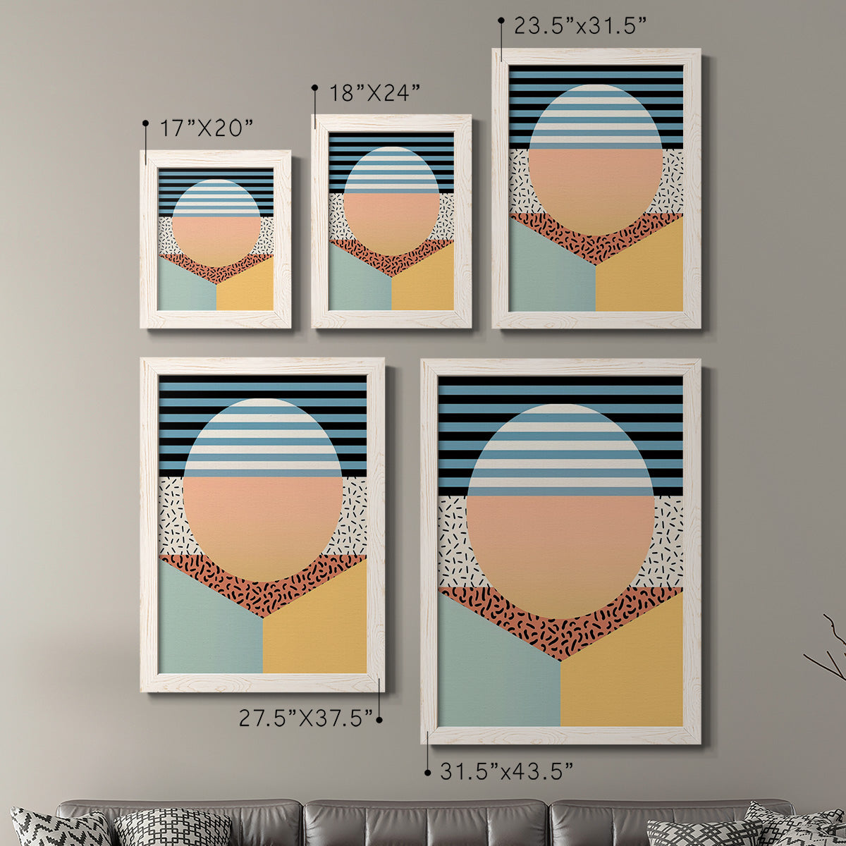 Size comparison chart for a set of two white barnwood framed canvas prints.
