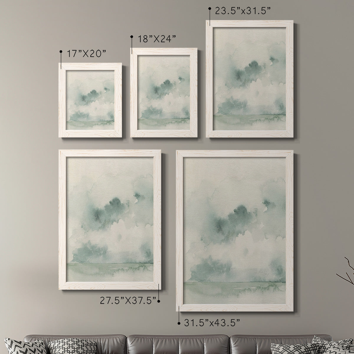 Size comparison chart for a set of two white barnwood framed canvas prints.