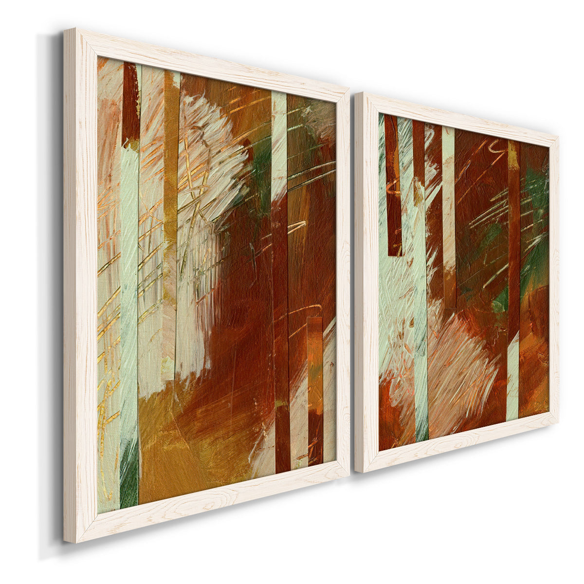Angled view of a set of two white barnwood framed canvas prints featuring two earthy modern abstracts featuring rust orange black cream and green brush bands.