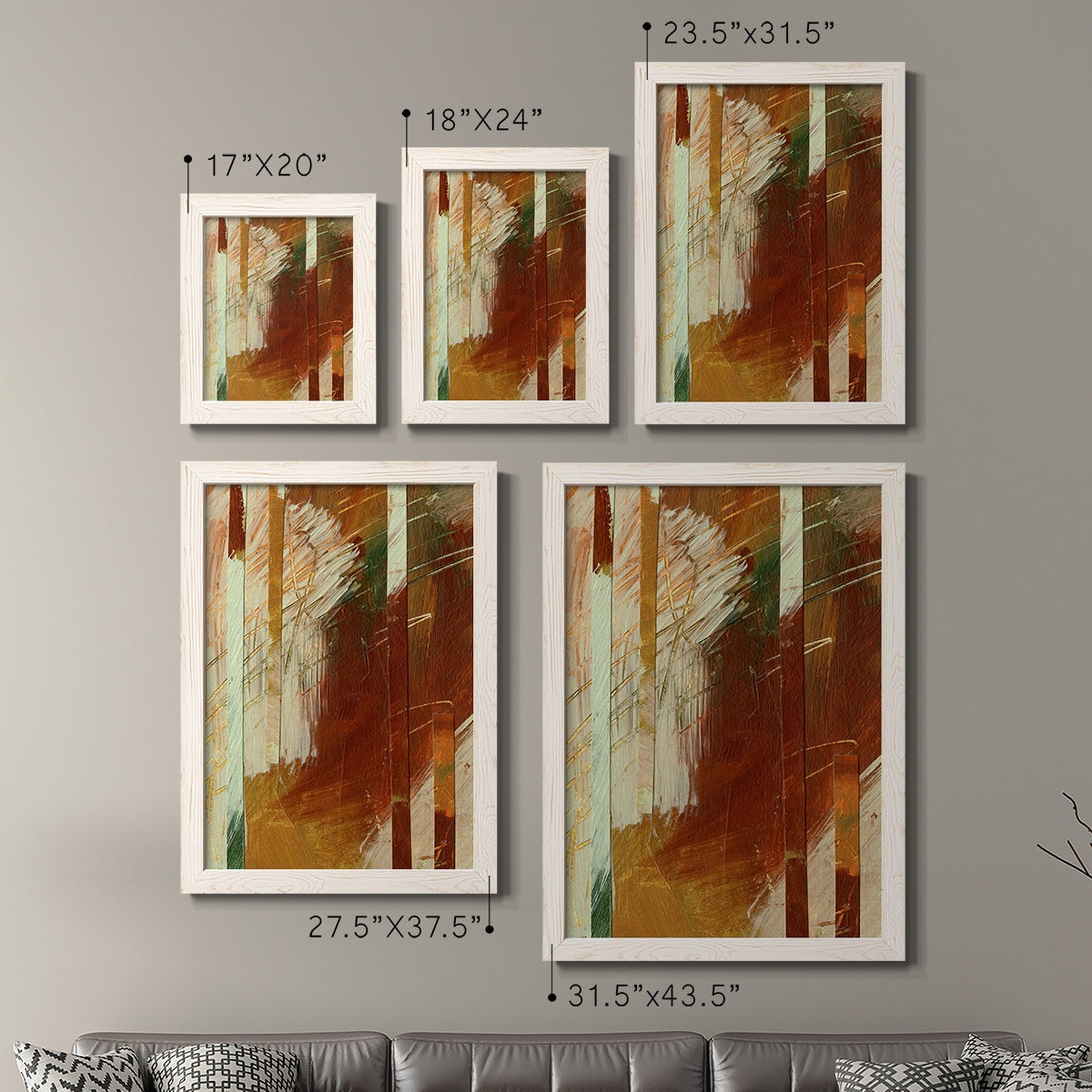 Size comparison chart for a set of two white barnwood framed canvas prints.