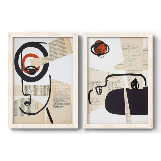 Set of two white barnwood framed canvas prints featuring two mixed-media portrait collages featuring cubist faces layered over vintage book pages.