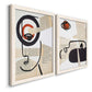 Angled view of a set of two white barnwood framed canvas prints featuring two mixed-media portrait collages featuring cubist faces layered over vintage book pages.