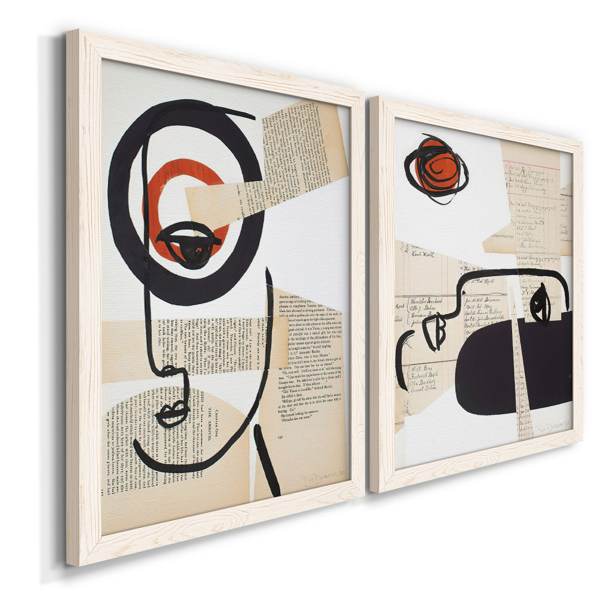 Angled view of a set of two white barnwood framed canvas prints featuring two mixed-media portrait collages featuring cubist faces layered over vintage book pages.