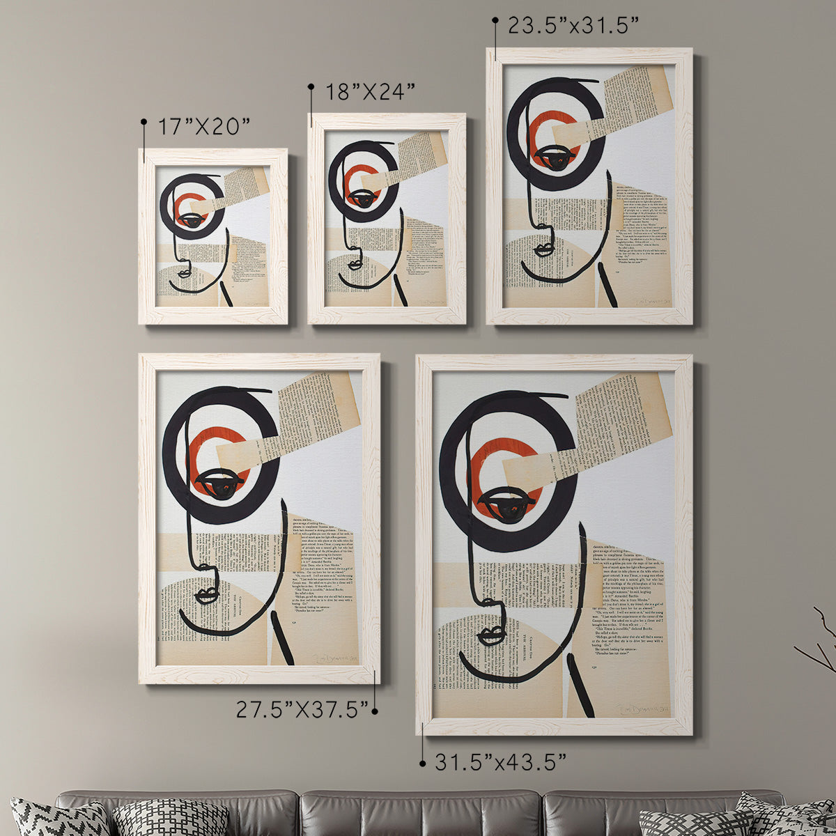 Size comparison chart for a set of two white barnwood framed canvas prints.