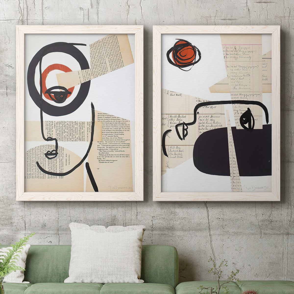 Set of two white barnwood framed canvas prints depicting a coordinated art pair of cubist faces layered over vintage book pages rendered as mixed-media portrait collages above a sofa in a modern living room.