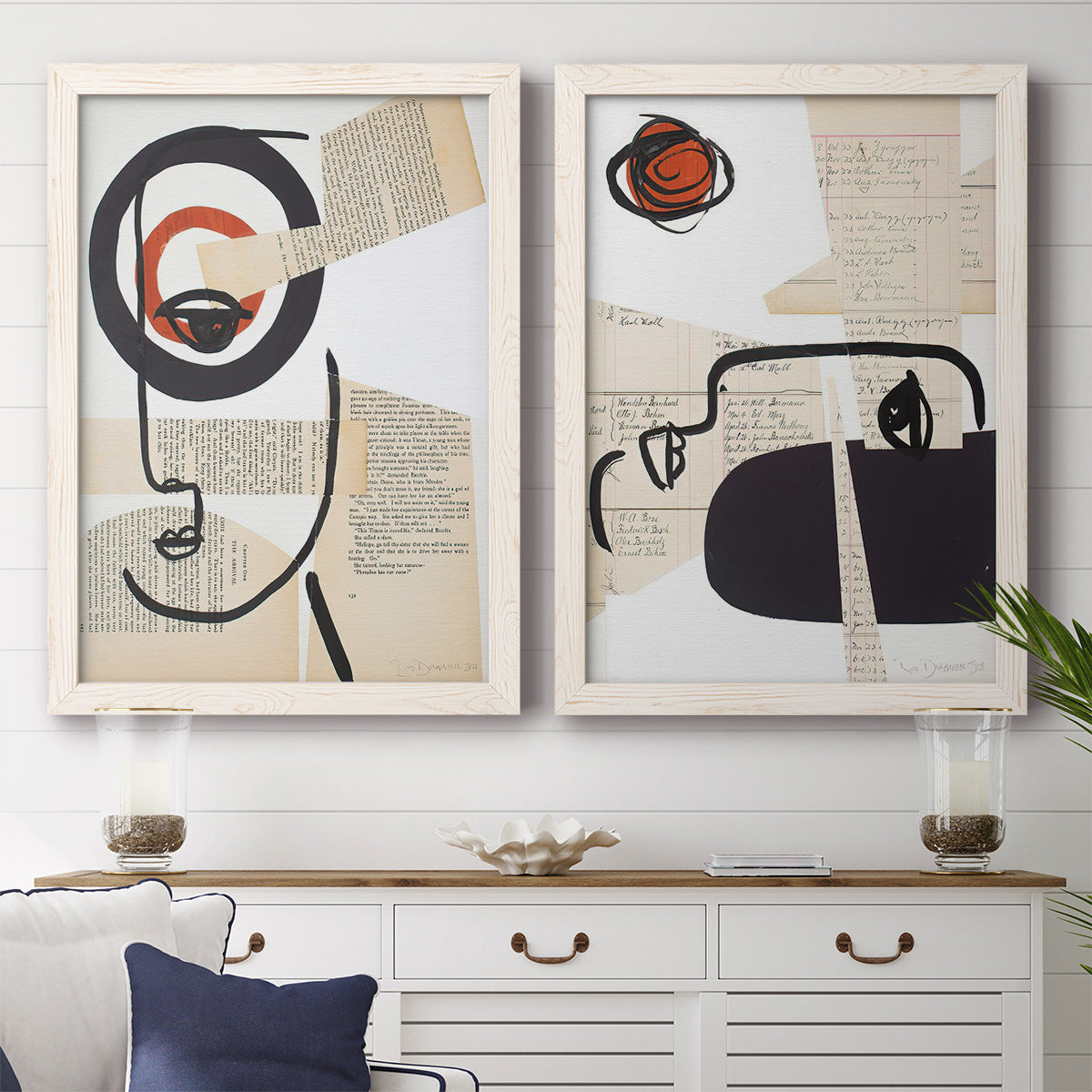 Set of two white barnwood framed canvas prints depicting a coordinated art pair of cubist faces layered over vintage book pages rendered as mixed-media portrait collages above a dining room sideboard.
